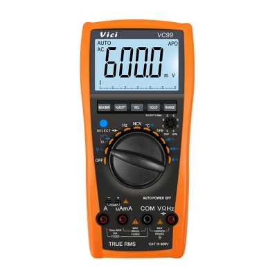 VC99 真有效值測量，模擬條顯示，NCV測量，最大值、最小值測量，讀數保持，背光顯示。