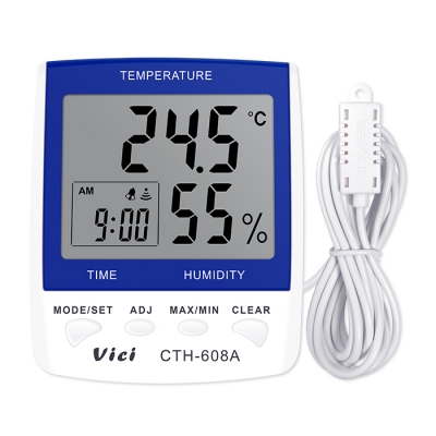 CTH-608A 數字溫濕度表，遠距離測量，時鐘、日期功能，最大值、最小值溫濕度儲存功能。